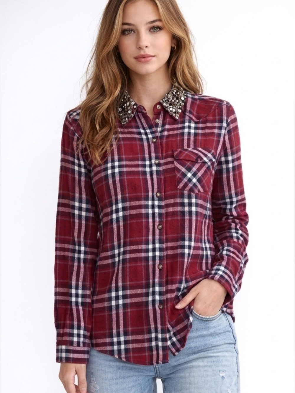 Guess| VTG Red Plaid Snap Down Rodeo Shirt w/Embellished Rhinestone Collar Sz M